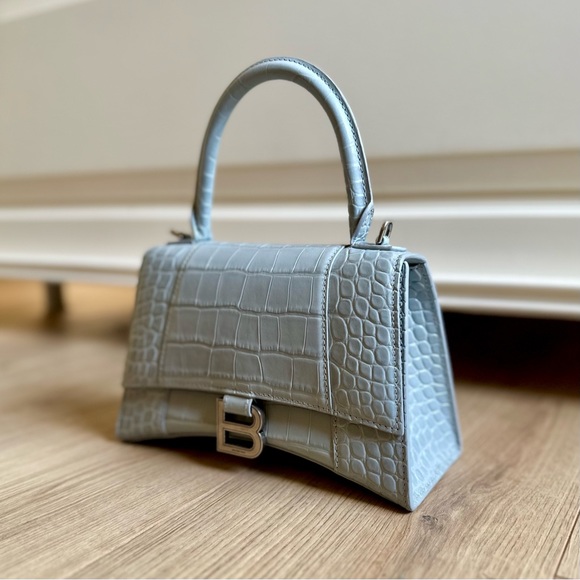 Balenciaga Hourglass Small Handbag Crocodile Embossed Light Blue NEW - Picture 2 of 9